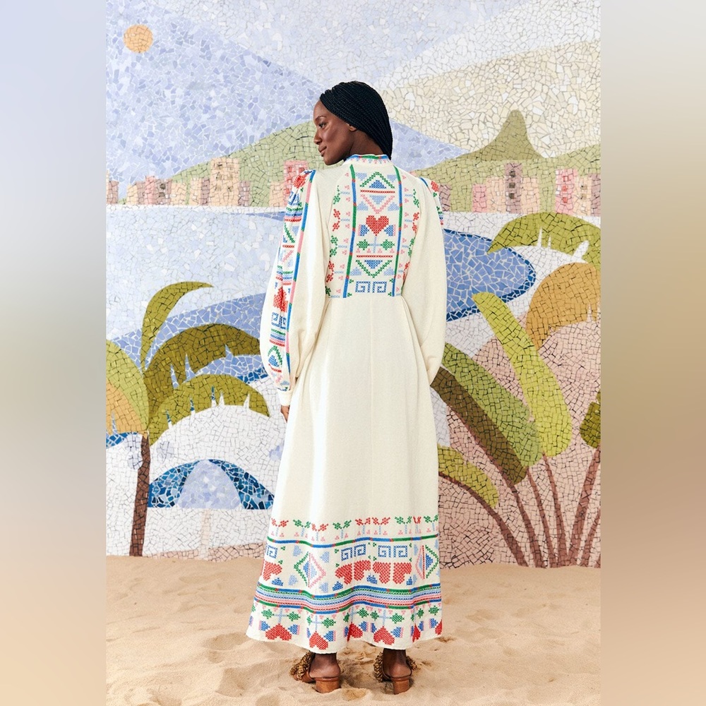 FARM Rio Embroidered White Maxi Dress with Multicolor Trim - Picture 4 of 16